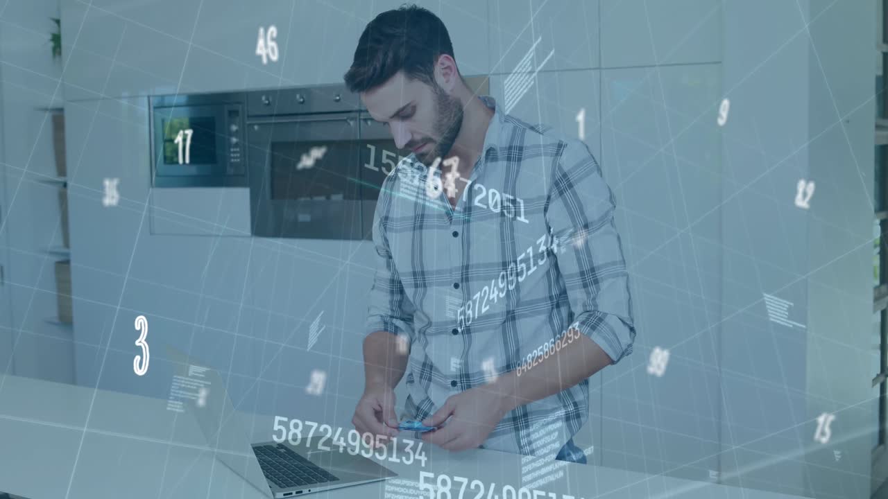animación de números cambiantes y procesamiento de datos sobre el hombre usando computadora portátil