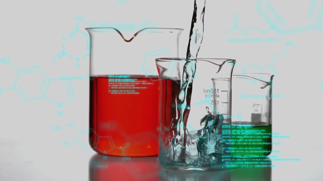 vasos de laboratorio con datos y moléculas en primer plano