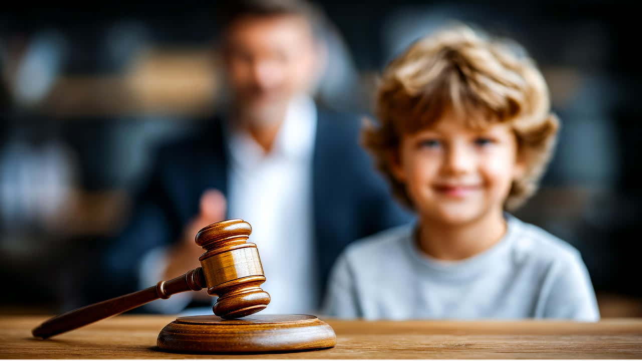 Boy watches gavel in court. A young boy sits at a conference table, looking at a wooden gavel in a courtroom setting while an adult is present