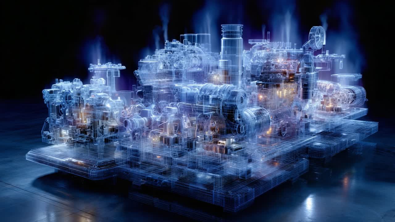A Futuristic Visualization of an Advanced Engine System with Complex Mechanical Components and Intricate Details, Showcasing Technological Innovation Through a Transparent Lens
