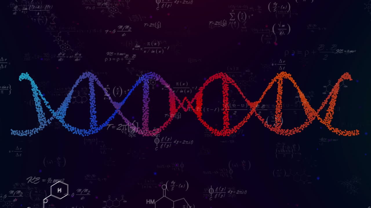 Animation of DNA strand with mathematical equations on dark scientific background