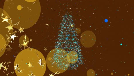 Animation-of-confetti-and-stars-falling-over-christmas-tree
