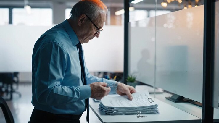 Focused elderly man in formal attire carefully reviewing stacks of paperwork in a modern office environment, symbolizing diligence and responsibility in the workplace.