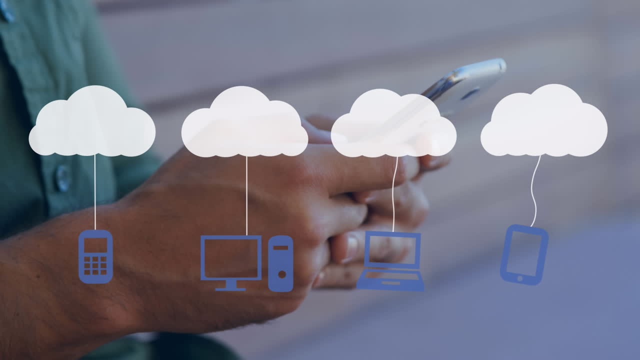 Animation of clouds and media icons over man using smartphone