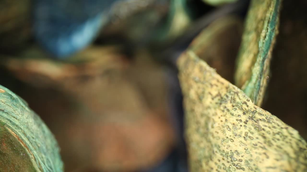 꽃병에서 움직이는 다채로운 포푸리 조각의 가장자리에 좁은 초점