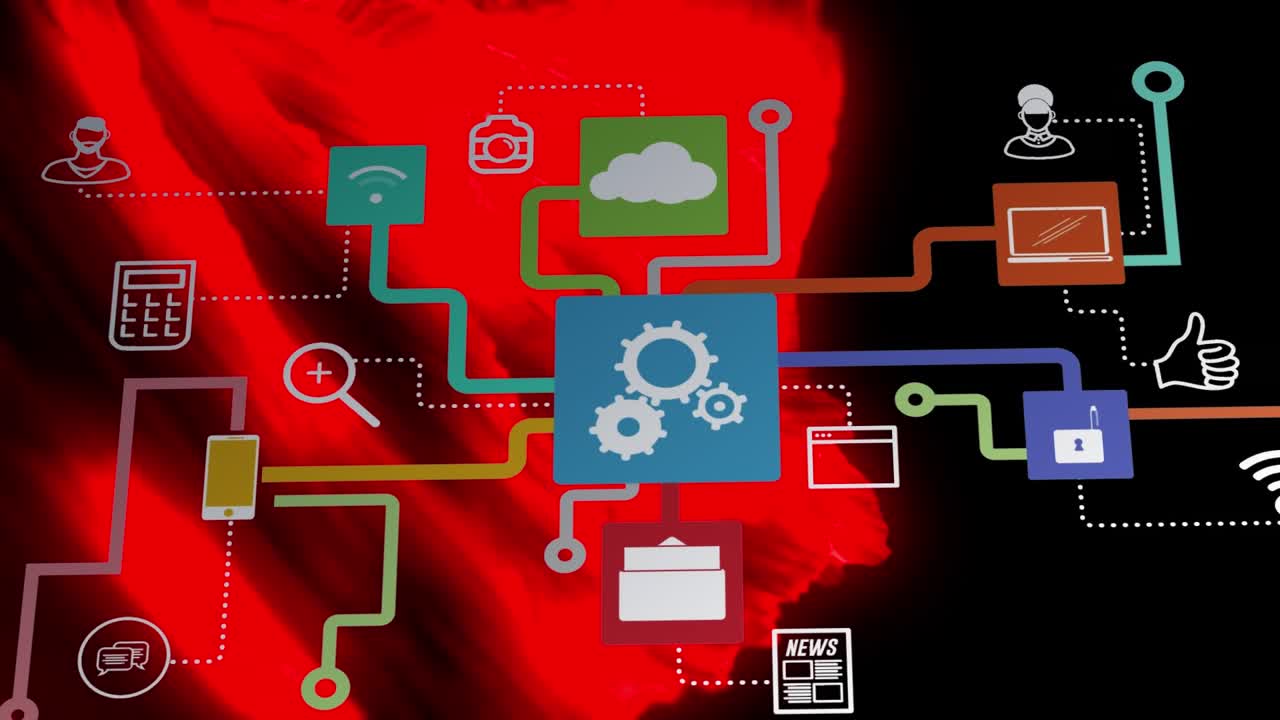Animation of media icons over red shapes