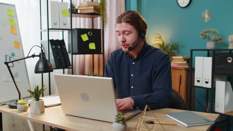 business man wearing headset, freelance worker, call center or support service operator helpline
