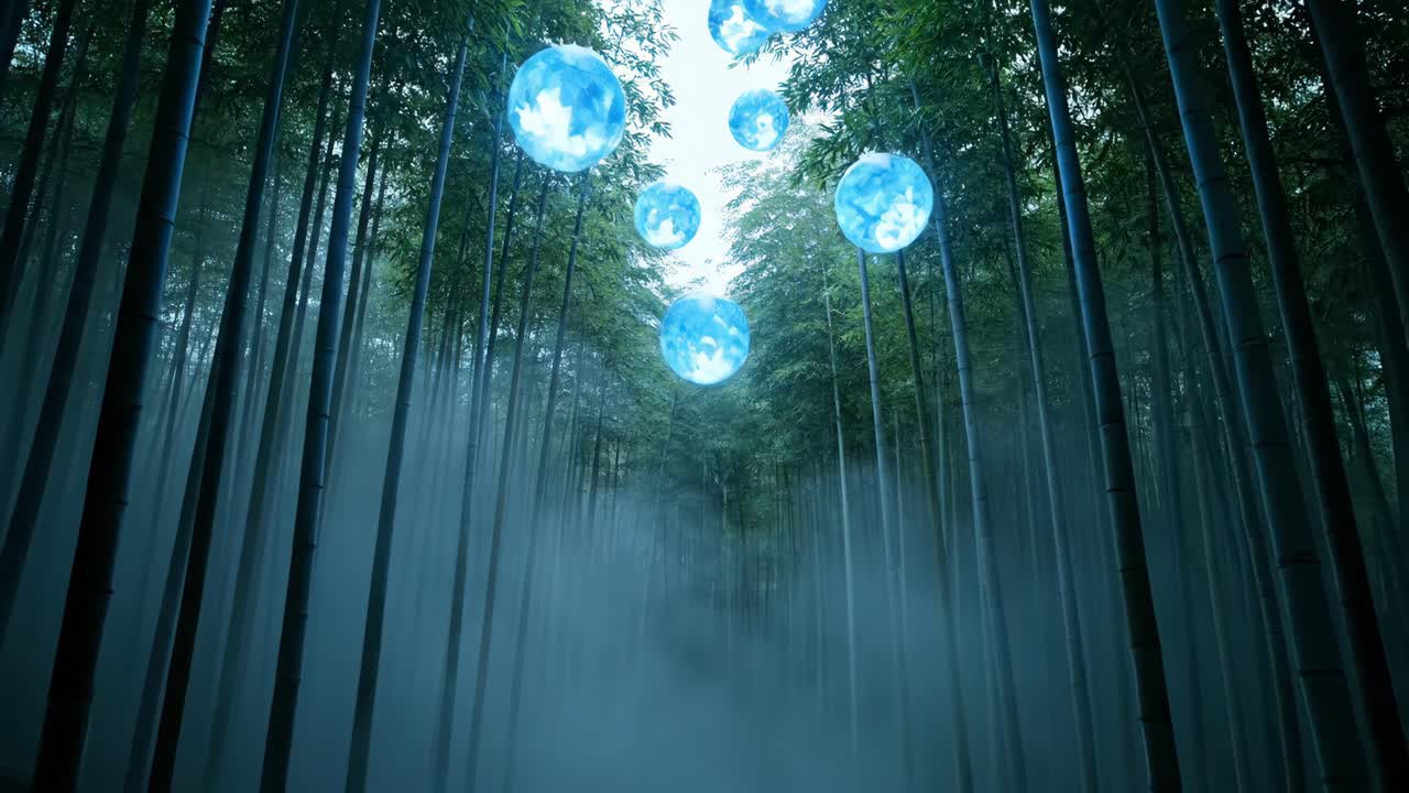 Mystical Blue Orbs in a Bamboo Forest