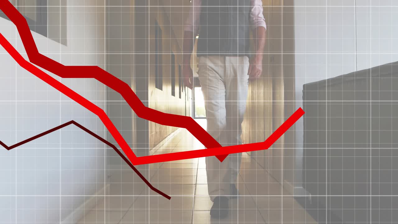 Senior man walking corridor, motion enabling grid overlay as red chart lines tracing upward spike