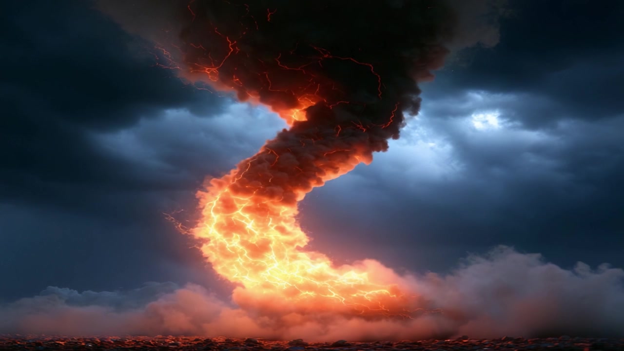 Una spettacolare immagine di un tornado infuocato che si forma con scintille di fulmini in cieli scuri, creando un'atmosfera drammatica di caos e potenza naturali.