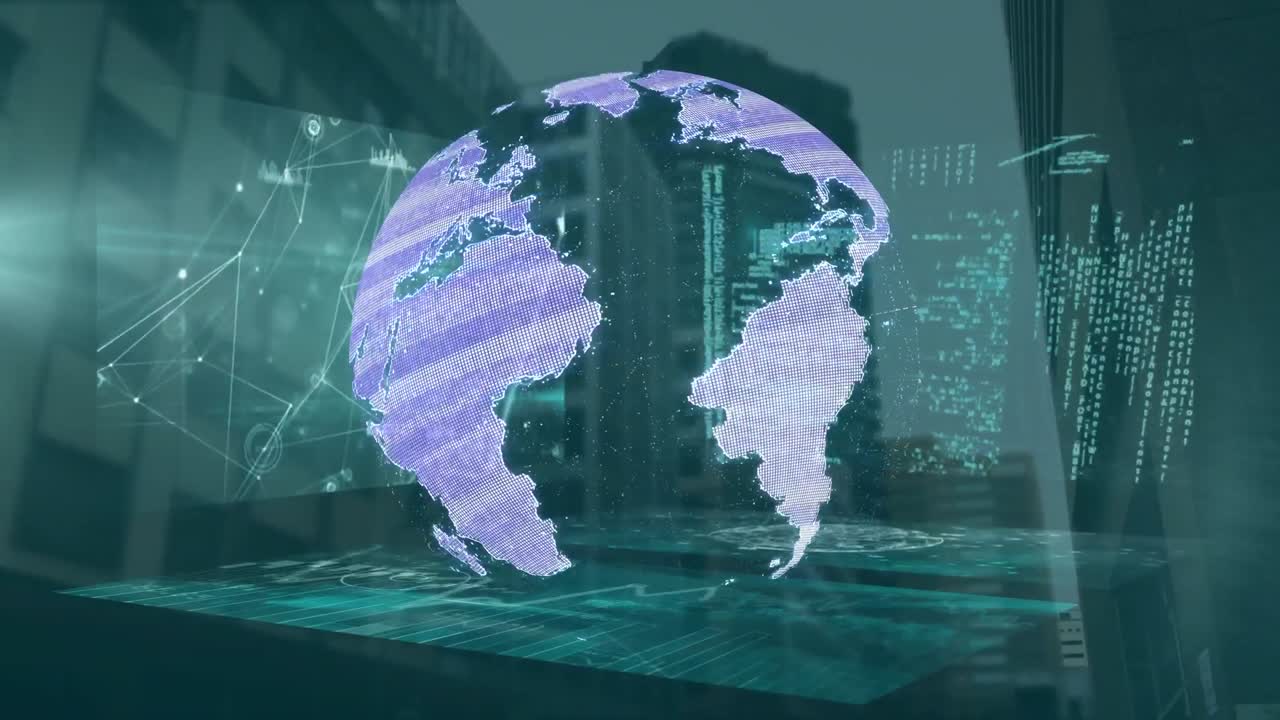 Animation of data processing over globe and cityscape