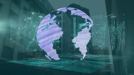 animation of data processing over globe and cityscape