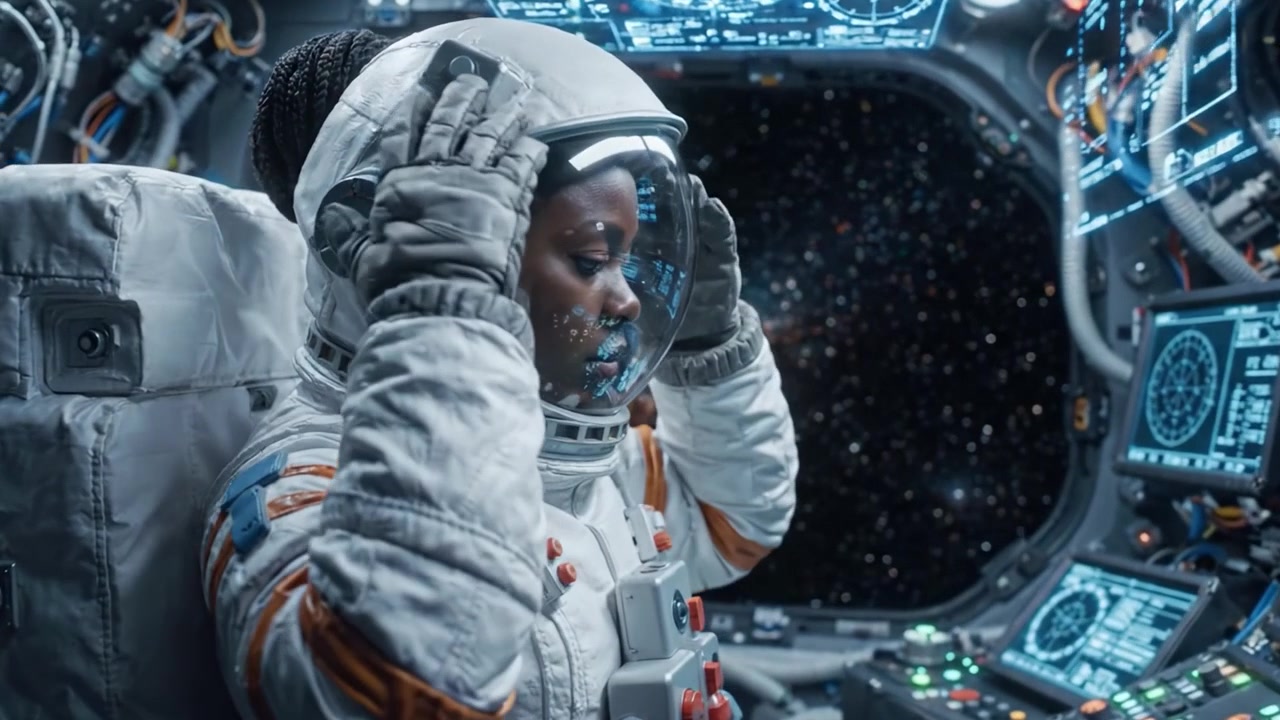 Un astronaute navigue dans l'espace lointain : moments captivants du voyage cosmique à travers le panneau de contrôle d'un vaisseau spatial avancé