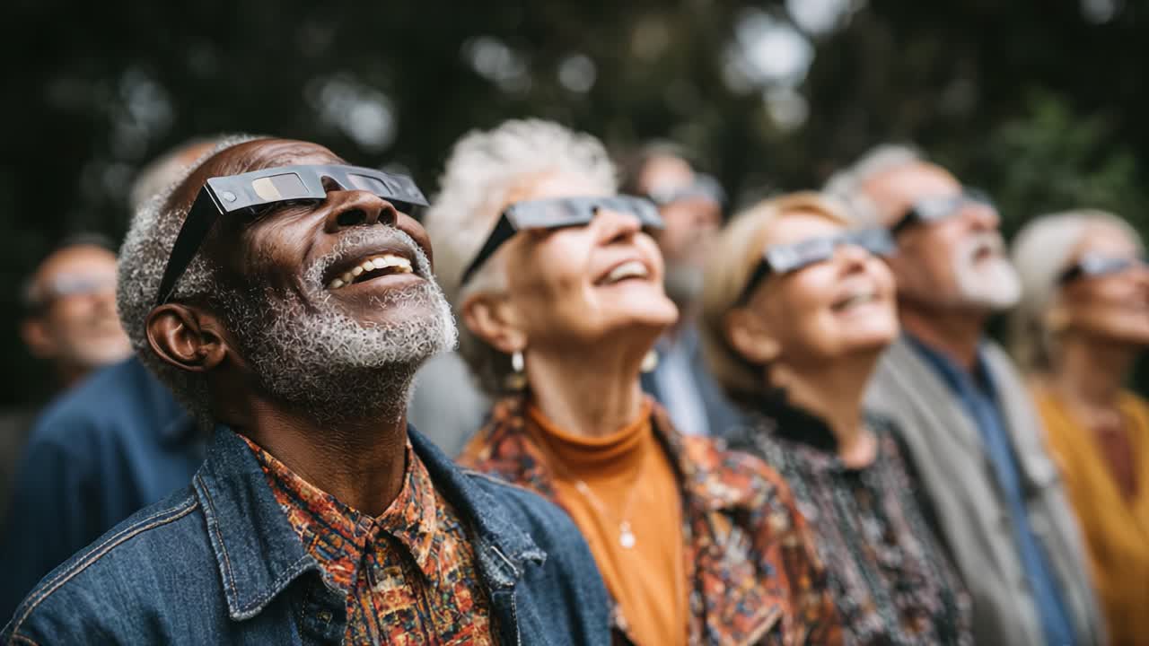 A Diverse Group of Individuals Enjoying a Celestial Event, Wearing Special Glasses, Captured in Two Frames Showcasing Excitement and Shared Joy in Nature