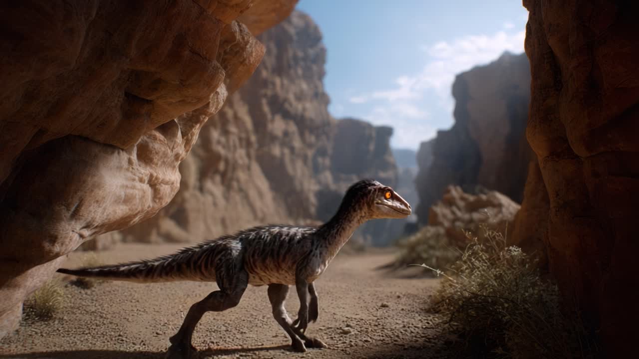 Dinosaurio Prehistórico Realista en un Cañón Estrecho: Texturas Intrincadas y Movimientos Realistas en un Vibrante Paisaje Desértico Bajo Cielos Brillantes