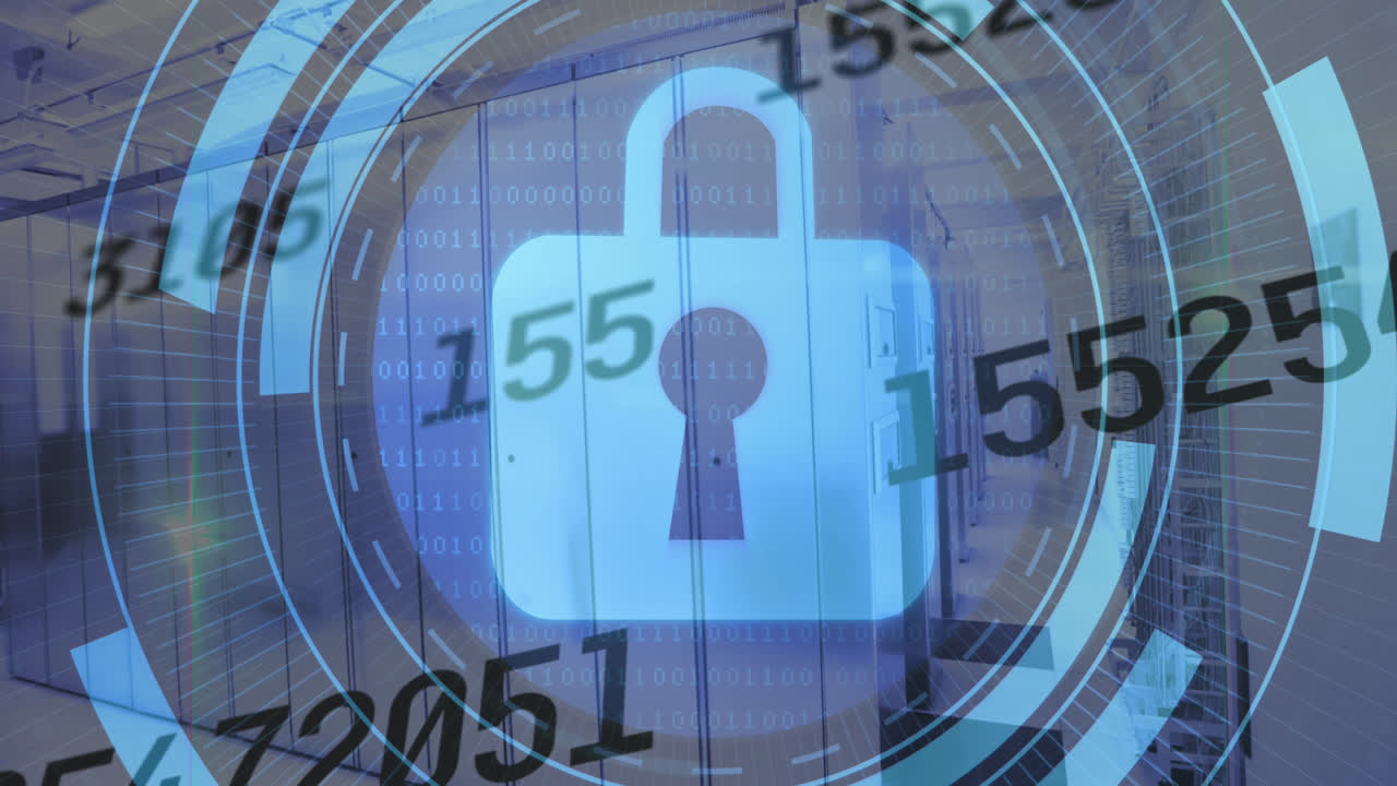 animación del icono del candado y procesamiento de datos en la sala del servidor.