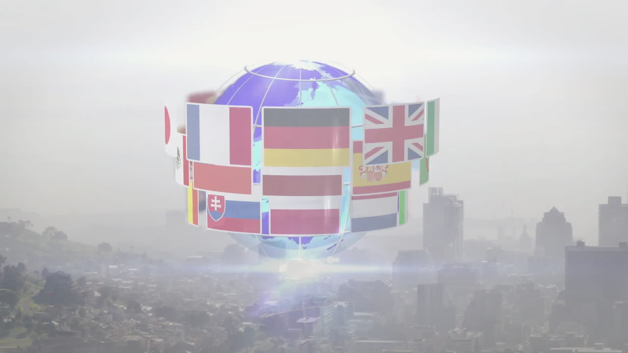 Animation of flags rotating around digital globe with cityscape in background