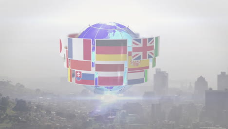 animation of flags rotating around digital globe with cityscape in background