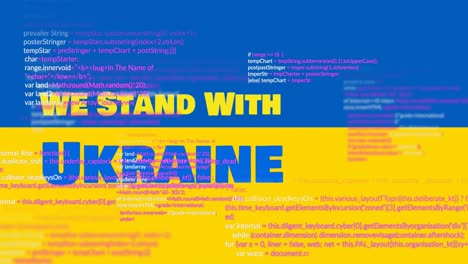 animation of we stand with ukraine and data processing over flag of ukraine