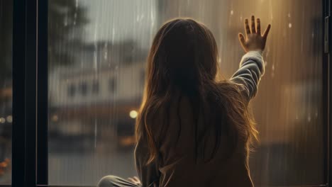 young girl with long brown hair sitting on windowsill, touching rainy window glass with her hand and looking out at blurred cityscape lights during heavy rain at dusk