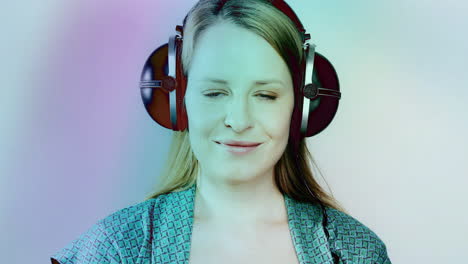 cool female dancer with changing retro headphones to listen to music