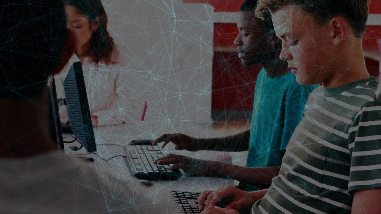 Animation of network of connections moving over schoolchildren using computers in class