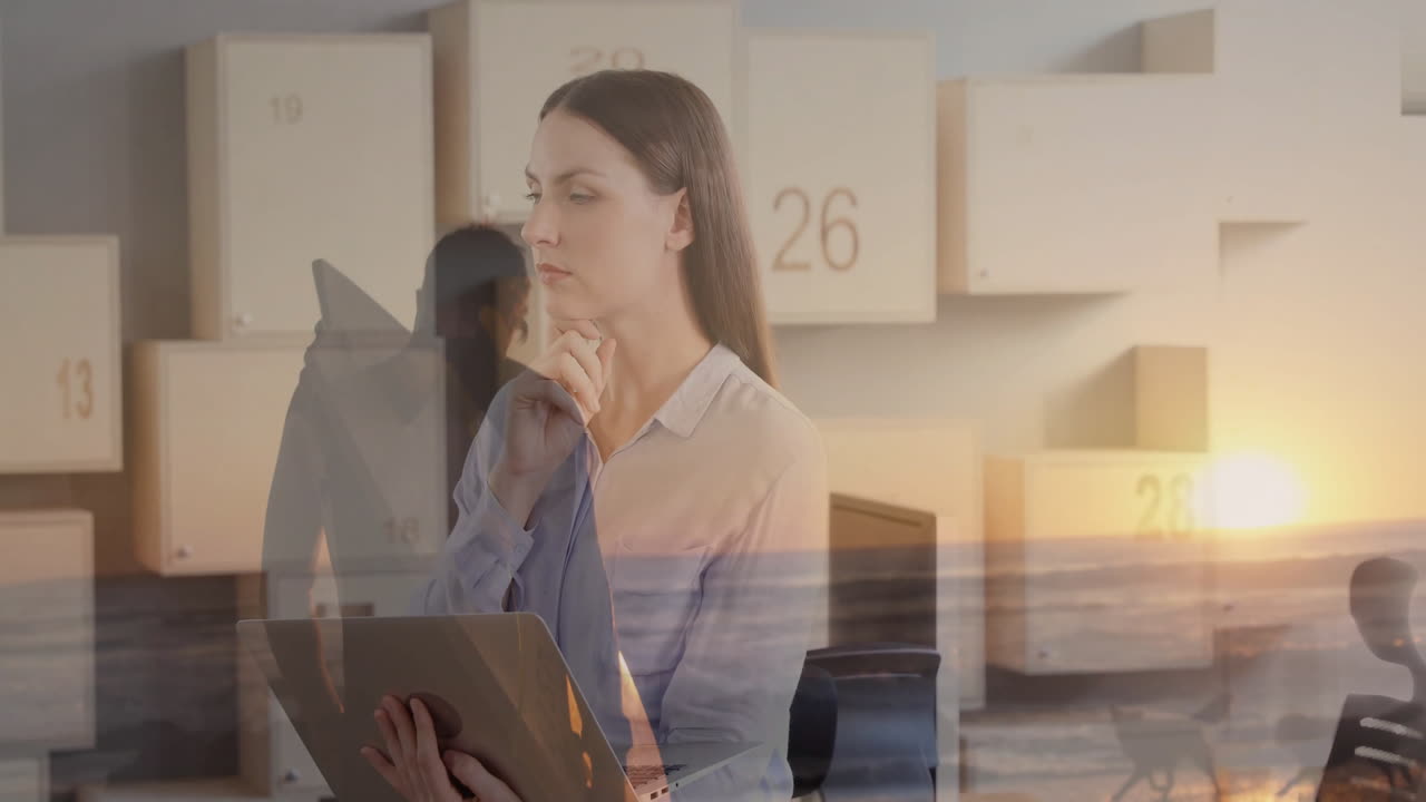 Contemplating serene sunset beach, woman holding laptop with animation open