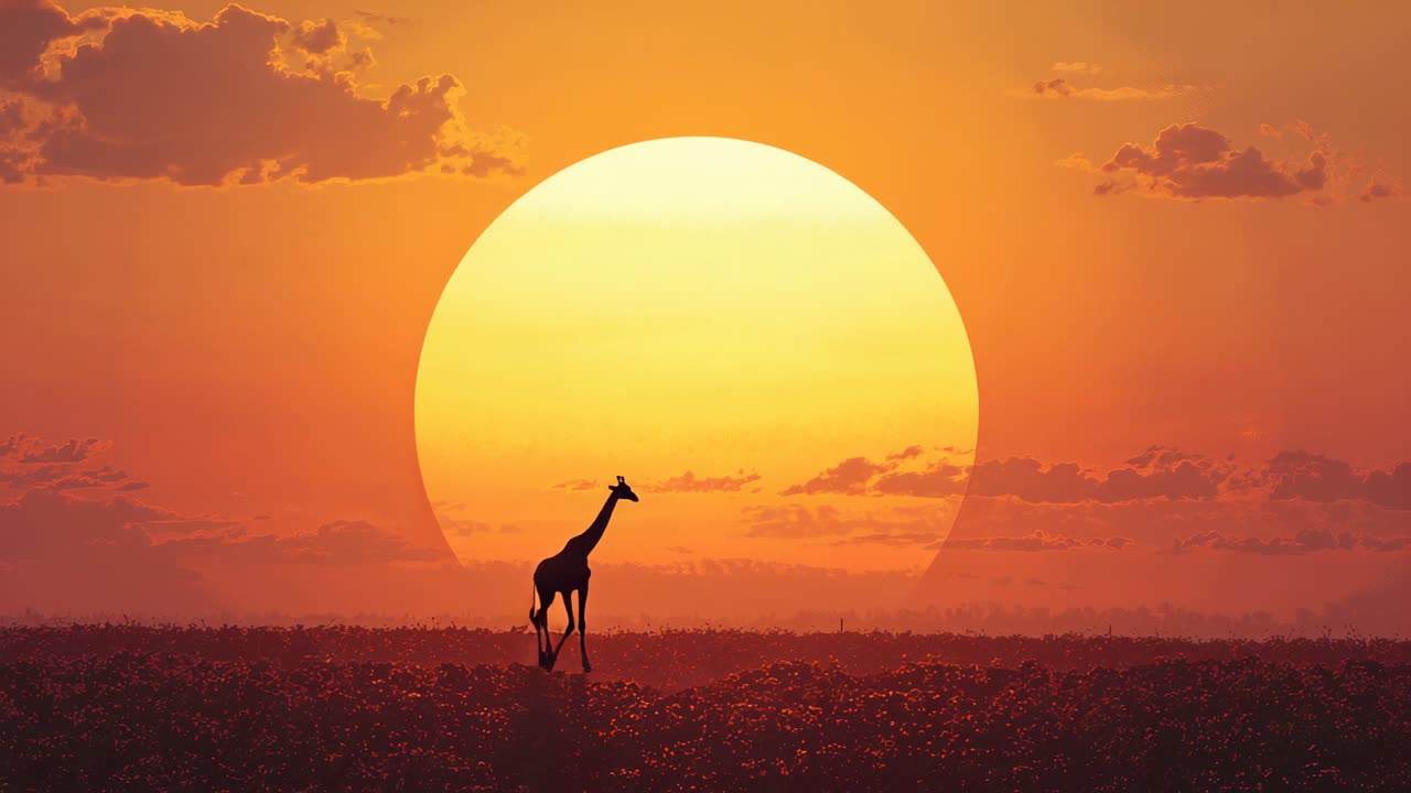 Stepping lone giraffe moving from left toward center across savannah at sunset, with sun silhouette