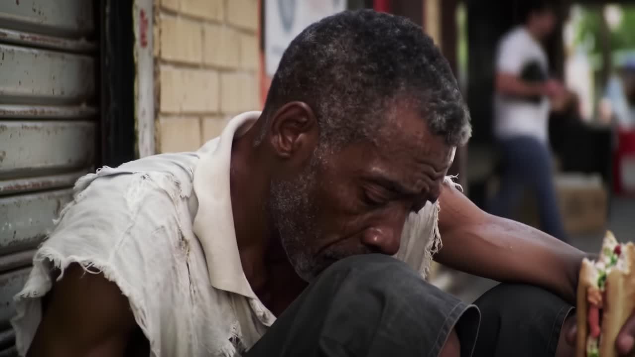 A man sits on the sidewalk, showing the harsh realities of life without shelter. He quietly contemplates his situation while holding a piece of bread, highlighting the ongoing issue of homelessness.
