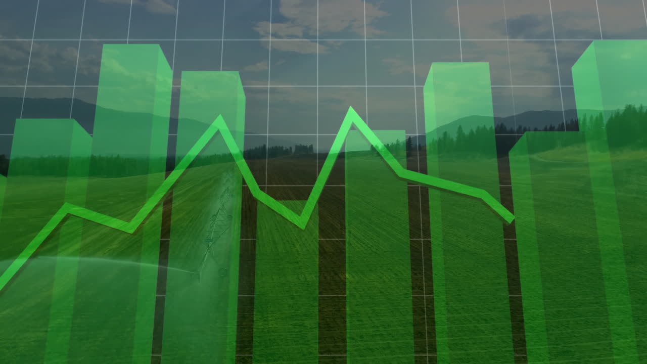 Green financial graph animation over scenic rural landscape with mountains
