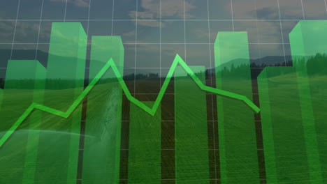 green financial graph animation over scenic rural landscape with mountains