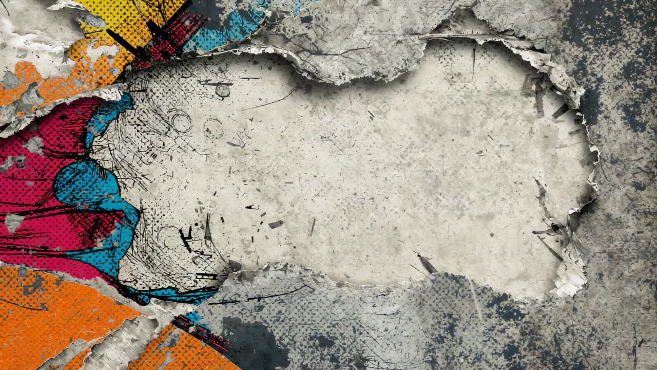 Revealing torn poster, frames progressing, exposing print in closeup, showing frayed fibers