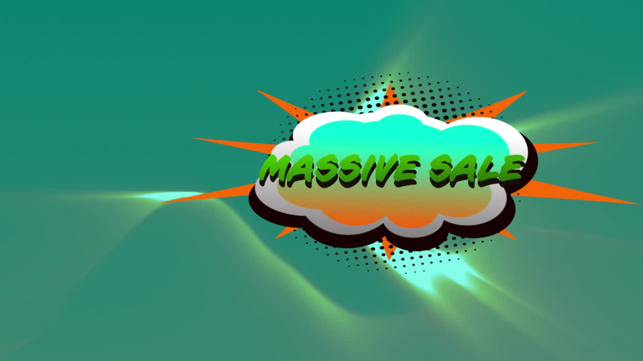 venta masiva de texto sobre burbuja de discurso retro contra ondas digitales en fondo verde