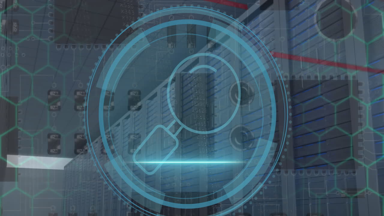 animación del icono de la lupa y procesamiento de datos a través de servidores informáticos