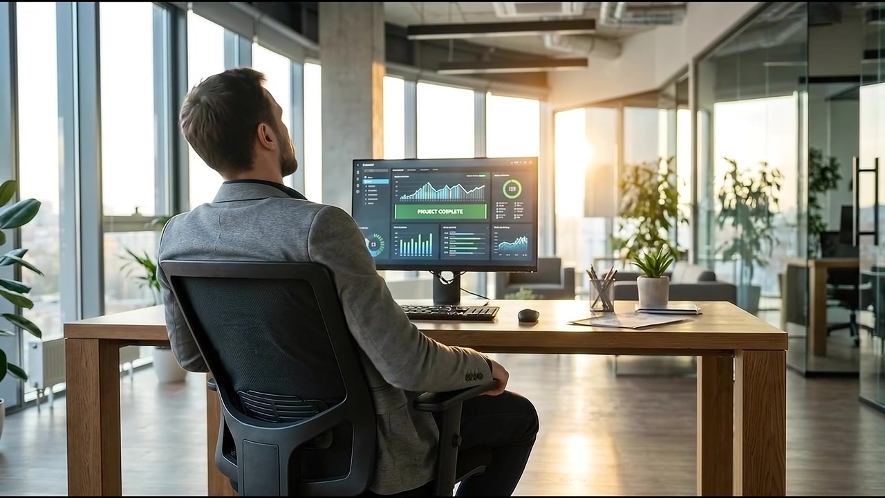 Businessman Stretching at Desk in Modern Office