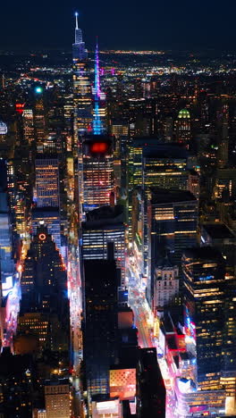 perspective of new yorl scyscrapers street. night new york city aerial view.