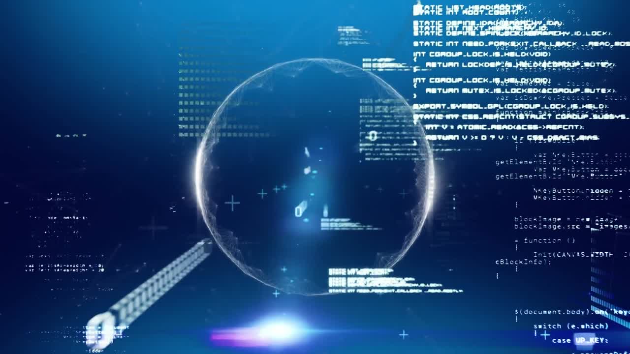 Animation of rotating globe with interface codes shooting out objects