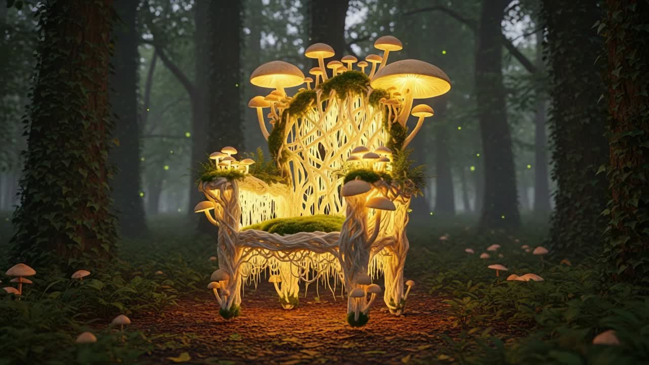 A Frosty Enchantment: A Fantastical Chair Adorned with Glowing Mushrooms and Delicate Vines, Set in a Mystical Forest Landscape