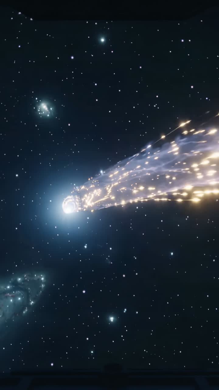Vertical video: Appearing at right viewport glowing craft approaching center forming energy ring
