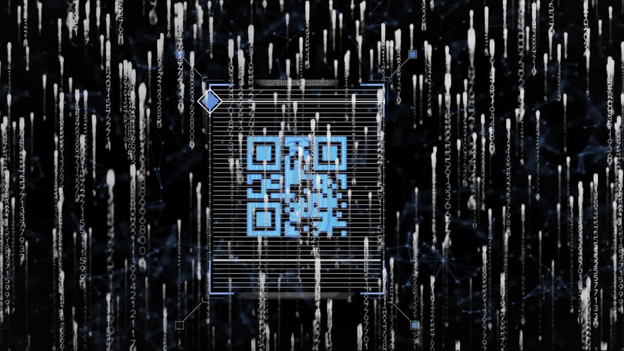 Animation of qr code and data processing over dark background
