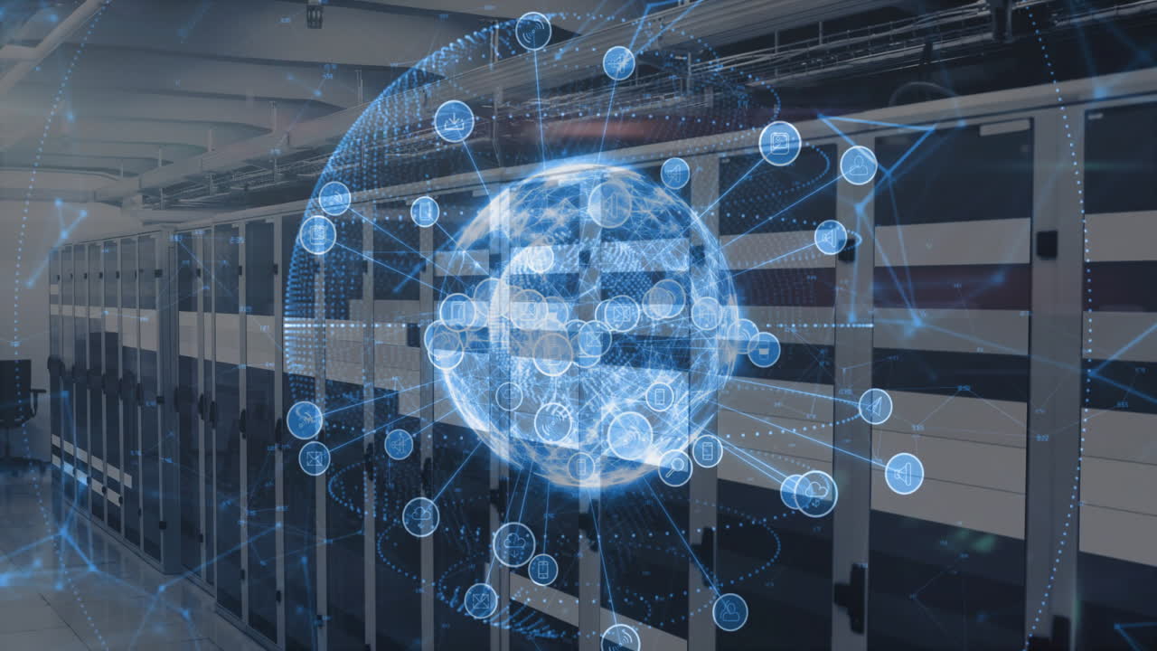 Digital network and data processing animation over servers in data center