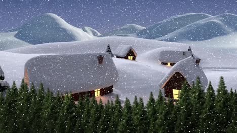animation of snow covered houses and snow falling in winter scenery