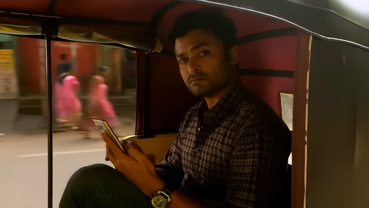 A man traveling in an auto-rickshaw, engrossed in his mobile phone, depicted during both day and night journeys