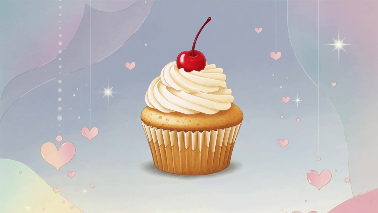 Cupcake disegnato che rimbalza con un loop iniziale, ciliegia che si inclina e cuori che fluttuano su uno sfondo pastello.