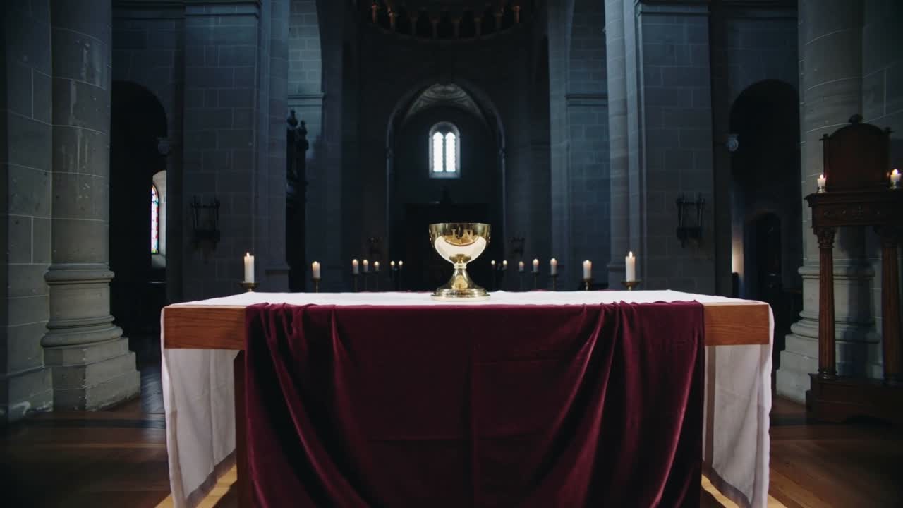 Telecamera che si allontana rivelando un altare con drappo bordeaux, calice d'oro e candele, esponendo gli archi in chiesa.