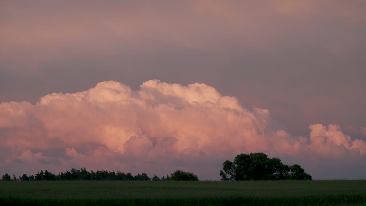 비 구름 적운 stratocumulus 순수한 일몰 빛에 시골 들판 위에 시간 경과