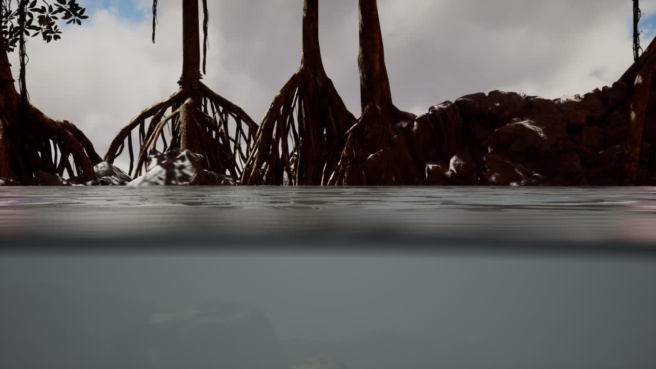 만그로브 나무 근처의 해수면 위와 해수면 아래