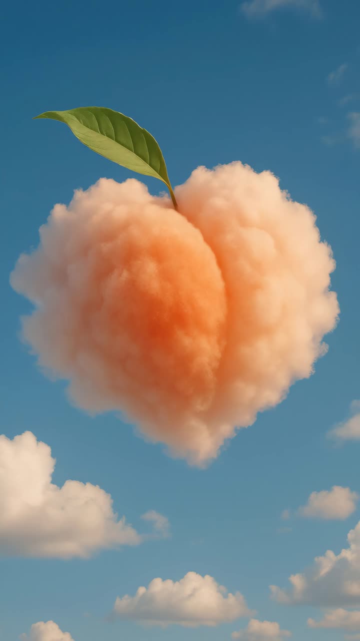 Surreal video concept of a peach-shaped cloud with a leaf, captured from a low angle against a clear