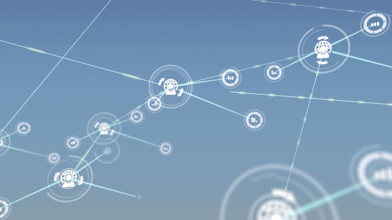 animación de una red de iconos digitales contra un fondo de gradiente azul.