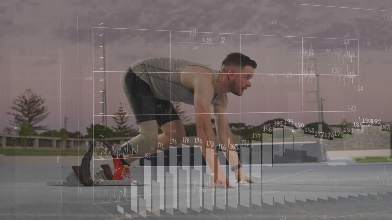 Male athlete arriving track, kneeling in blocks initiating grid overlay displaying sports analytics